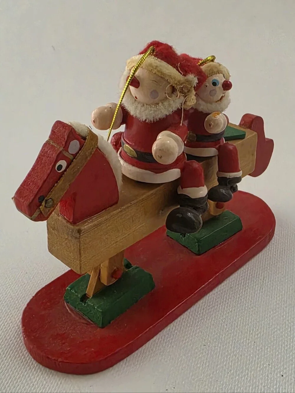 Two Santa Rocking Horse Wooden Christmas Ornament Folk Art Holiday Decor